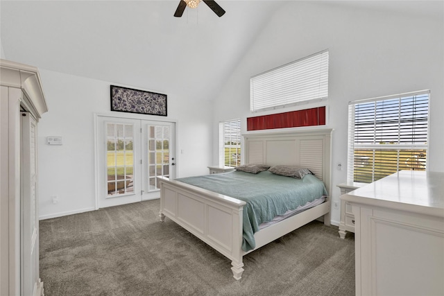 1650 Fm 36 S, Caddo Mills, TX 75135 - bedroom with access to outside, high vaulted ceiling, carpet floors, a ceiling fan, and baseboards