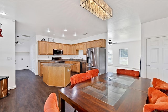 1650 Fm 36 S, Caddo Mills, TX 75135 - dining space with dark wood finished floors, recessed lighting, baseboards, ceiling fan, and a chandelier