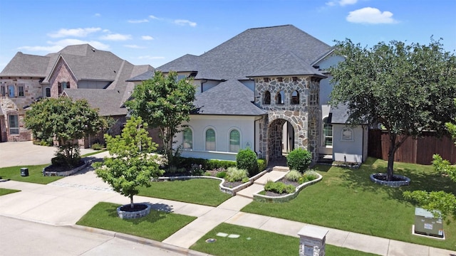 3690 Guinn Gate Dr, Frisco, TX 75034 - french country inspired facade featuring stone siding, driveway, a shingled roof, and stucco siding