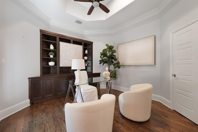 3690 Guinn Gate Dr, Frisco, TX 75034 - sitting room featuring a ceiling fan, crown molding, a raised ceiling, baseboards, and dark wood finished floors