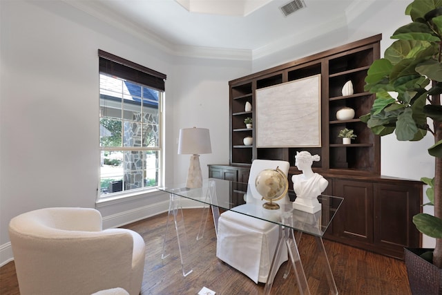 3690 Guinn Gate Dr, Frisco, TX 75034 - office area featuring crown molding, dark wood-type flooring, and baseboards