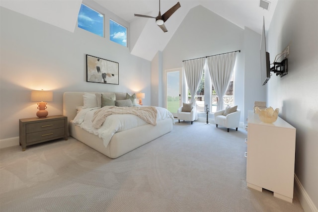 3690 Guinn Gate Dr, Frisco, TX 75034 - bedroom featuring high vaulted ceiling, light carpet, baseboards, multiple windows, and access to outside