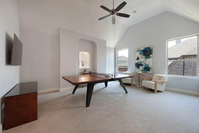 3690 Guinn Gate Dr, Frisco, TX 75034 - home office featuring arched walkways, light colored carpet, lofted ceiling, a ceiling fan, and baseboards