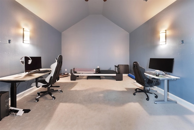 3690 Guinn Gate Dr, Frisco, TX 75034 - office area with a ceiling fan, carpet floors, lofted ceiling, and baseboards