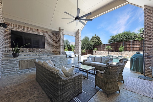 3690 Guinn Gate Dr, Frisco, TX 75034 - fenced backyard featuring an outdoor living space, a ceiling fan, and a patio