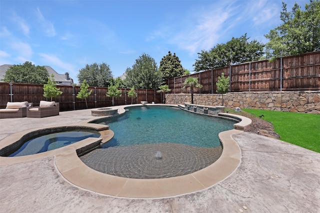 3690 Guinn Gate Dr, Frisco, TX 75034 - view of swimming pool featuring a patio area, a fenced backyard, and a pool with connected hot tub