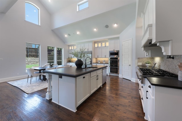 3690 Guinn Gate Dr, Frisco, TX 75034 - kitchen featuring dark countertops, stainless steel appliances, a sink, high vaulted ceiling, and white cabinetry