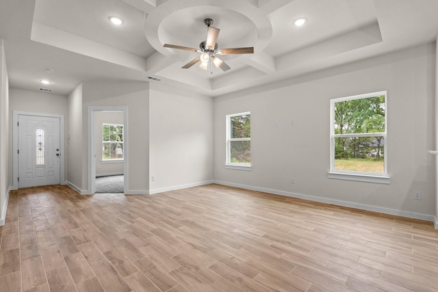 301 Kalura Way, Tool, TX 75143 - spare room with coffered ceiling, a ceiling fan, light wood-style flooring, recessed lighting, and baseboards