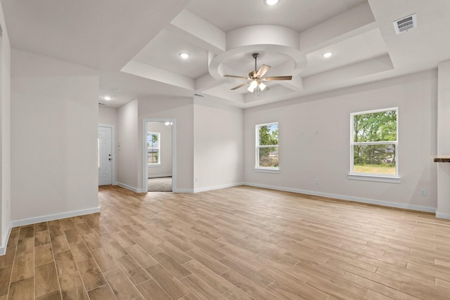301 Kalura Way, Tool, TX 75143 - unfurnished room with ceiling fan, light wood finished floors, coffered ceiling, recessed lighting, and baseboards