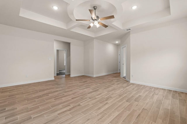 301 Kalura Way, Tool, TX 75143 - unfurnished room with coffered ceiling, ceiling fan, baseboards, light wood-style flooring, and recessed lighting