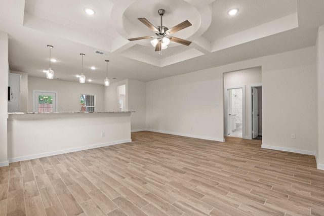 301 Kalura Way, Tool, TX 75143 - unfurnished living room with coffered ceiling, light wood-style flooring, baseboards, recessed lighting, and a ceiling fan