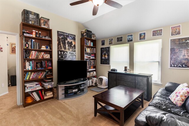 3521 Timber Ridge Trl, Mckinney, TX 75071 - living area featuring carpet floors, ceiling fan, and vaulted ceiling