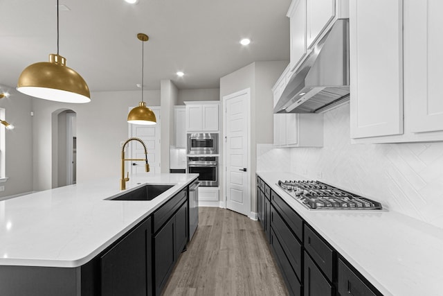 2013 Tolleson Dr, Fort Worth, TX 76008 - kitchen featuring under cabinet range hood, appliances with stainless steel finishes, a sink, dark cabinetry, and recessed lighting