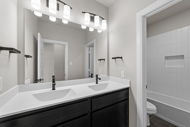 2013 Tolleson Dr, Fort Worth, TX 76008 - full bathroom with double vanity, toilet, tile patterned flooring, and shower / bath combination