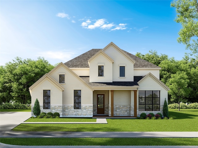 128 Highgate Ct, Boyd, TX 76023 - view of front of home with a front yard, stone siding, and a shingled roof