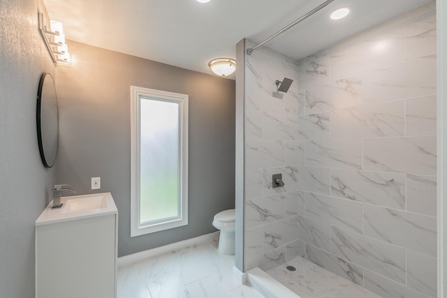 11417 Park Central Pl, Dallas, TX 75230 - full bath featuring toilet, marble finish floors, tiled shower, vanity, and baseboards