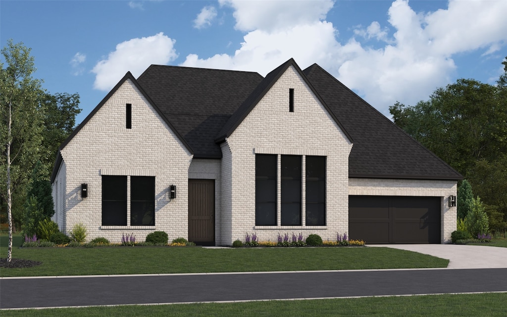 4770 Zelder St, Prosper, TX 75078 - view of front of house featuring a garage, brick siding, a front lawn, concrete driveway, and a shingled roof