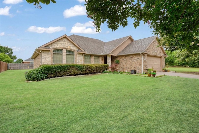 2215 Albert Broadfoot St, Bonham, TX 75418 - view of front of house featuring stone siding, an attached garage, concrete driveway, and roof with shingles