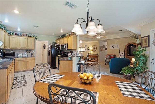 2215 Albert Broadfoot St, Bonham, TX 75418 - dining space with light tile patterned floors, ornamental molding, a chandelier, a ceiling fan, and recessed lighting