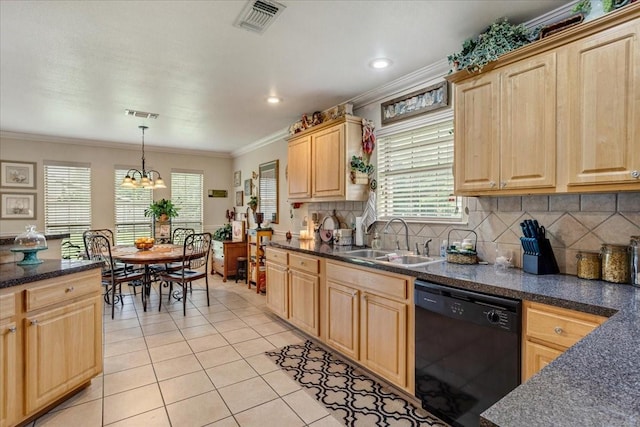 2215 Albert Broadfoot St, Bonham, TX 75418 - kitchen with dishwasher, a sink, light brown cabinetry, light tile patterned flooring, and dark countertops