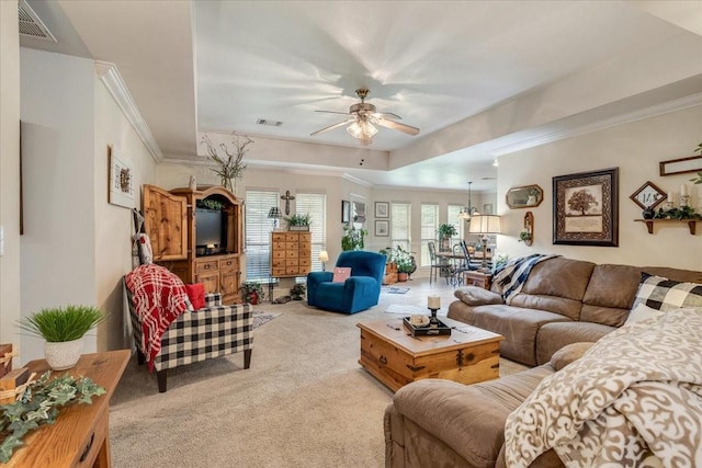 2215 Albert Broadfoot St, Bonham, TX 75418 - carpeted living area featuring a ceiling fan and crown molding