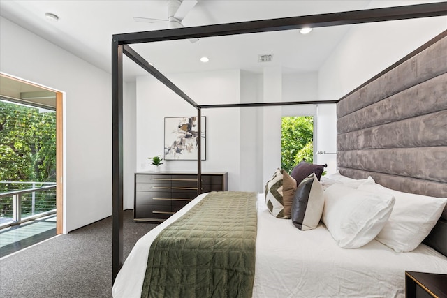 33 Vanguard Way, Dallas, TX 75243 - carpeted bedroom with access to exterior, recessed lighting, and ceiling fan