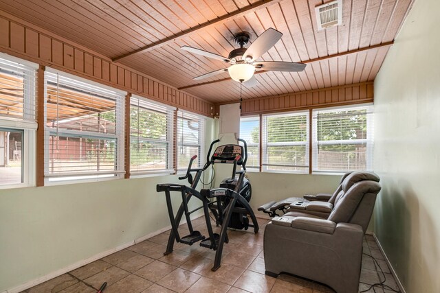 7487 Farm Rd Unit 905, Paris, TX 75462 - exercise room featuring wooden ceiling, a ceiling fan, baseboards, and tile patterned floors