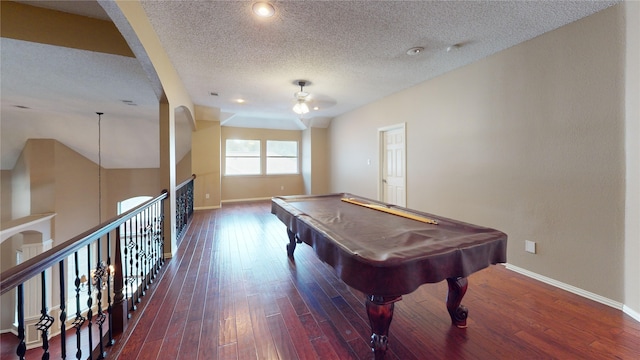 5205 Promise Land Dr, Frisco, TX 75035 - rec room with a textured ceiling, baseboards, hardwood / wood-style floors, pool table, and ceiling fan