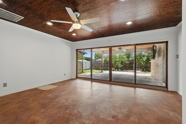 6509 Parkridge Dr, Sachse, TX 75048 - empty room featuring finished concrete flooring, wooden ceiling, ceiling fan, baseboards, and recessed lighting