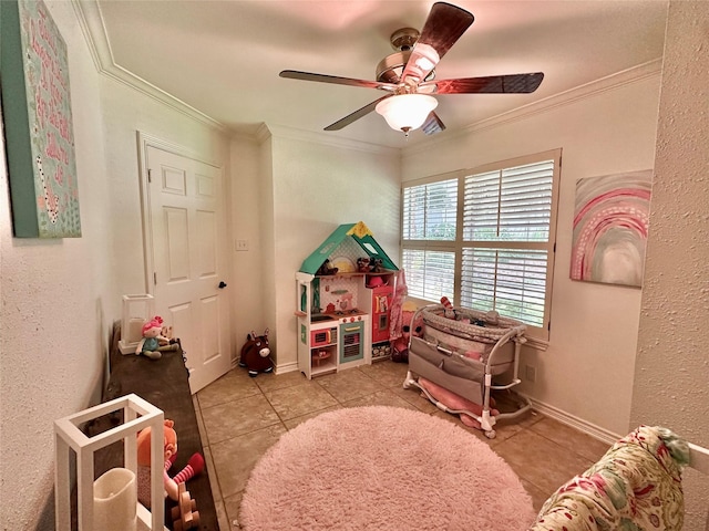 13449 S Hillcreek Rd, Whitehouse, TX 75791 - recreation room with tile patterned floors, ornamental molding, and ceiling fan