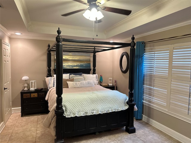 13449 S Hillcreek Rd, Whitehouse, TX 75791 - bedroom featuring a tray ceiling, ornamental molding, baseboards, light tile patterned floors, and a ceiling fan