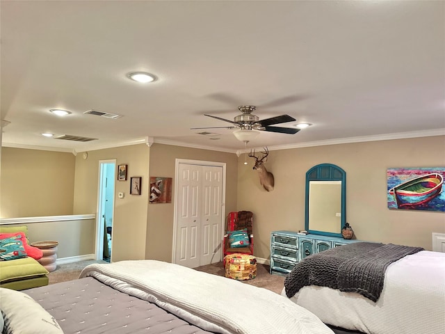 13449 S Hillcreek Rd, Whitehouse, TX 75791 - bedroom with carpet, crown molding, baseboards, a closet, and recessed lighting