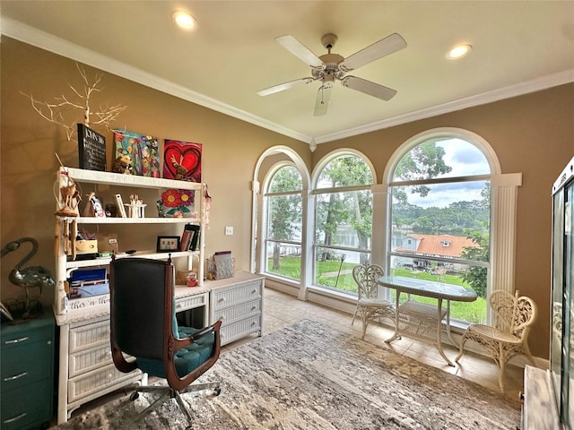 13449 S Hillcreek Rd, Whitehouse, TX 75791 - office with ornamental molding, plenty of natural light, ceiling fan, light tile patterned floors, and recessed lighting