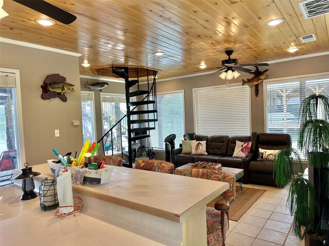 13449 S Hillcreek Rd, Whitehouse, TX 75791 - living room with ceiling fan, ornamental molding, healthy amount of natural light, wood ceiling, and light tile patterned floors