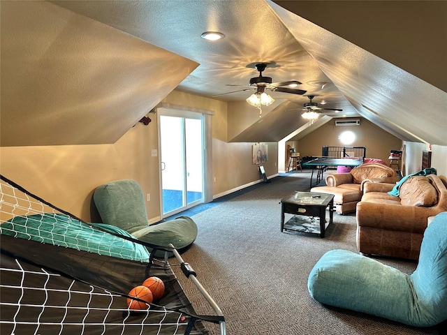 13449 S Hillcreek Rd, Whitehouse, TX 75791 - carpeted living area featuring vaulted ceiling, baseboards, a textured ceiling, and ceiling fan