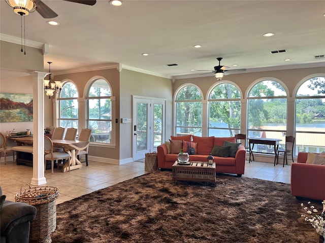 13449 S Hillcreek Rd, Whitehouse, TX 75791 - living area featuring ceiling fan, light tile patterned flooring, plenty of natural light, ornamental molding, and recessed lighting