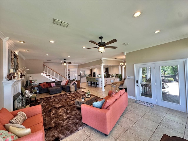 13449 S Hillcreek Rd, Whitehouse, TX 75791 - living area featuring a ceiling fan, ornamental molding, light tile patterned floors, recessed lighting, and a fireplace