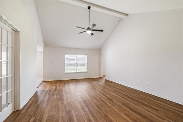 1206 Lombardy Dr, Princeton, TX 75407 - unfurnished room with wood finished floors, beam ceiling, ceiling fan, high vaulted ceiling, and baseboards