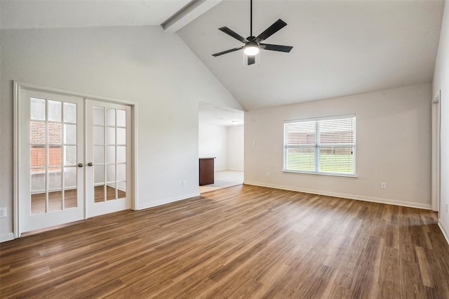1206 Lombardy Dr, Princeton, TX 75407 - empty room with beam ceiling, high vaulted ceiling, wood finished floors, french doors, and a ceiling fan