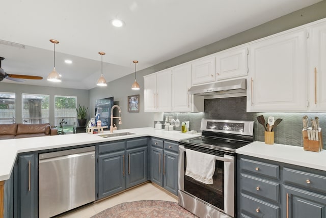 945 Lake Ridge Dr, Azle, TX 76020 - kitchen with appliances with stainless steel finishes, under cabinet range hood, a sink, gray cabinets, and white cabinetry