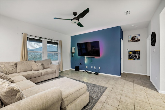 16561 Portage St, Justin, TX 76247 - living area featuring a ceiling fan, tile patterned flooring, and baseboards