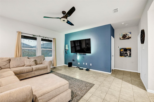16561 Portage St, Justin, TX 76247 - living room featuring ceiling fan, baseboards, and light tile patterned floors