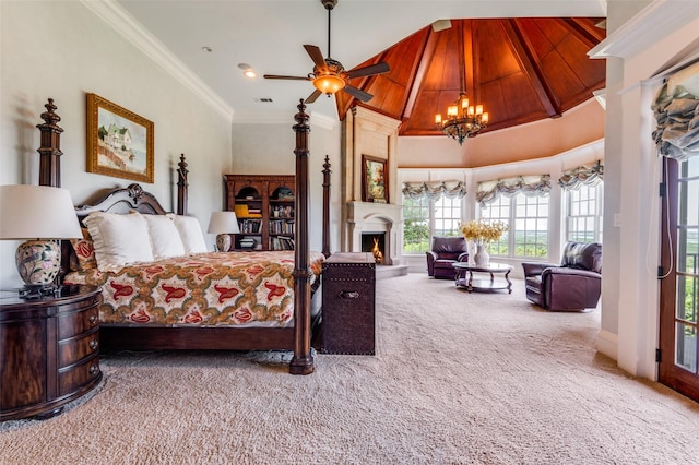 2145 Grand View Ct, Cedar Hill, TX 75104 - bedroom featuring carpet, crown molding, a chandelier, and a large fireplace