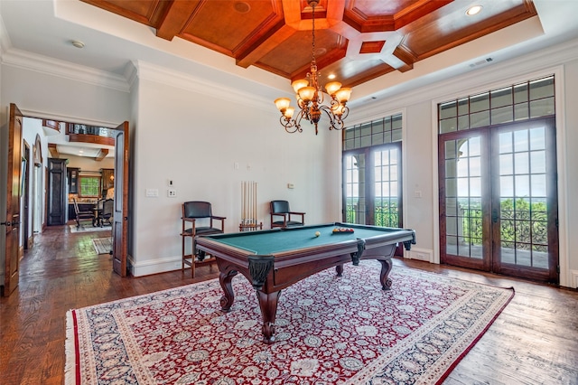 2145 Grand View Ct, Cedar Hill, TX 75104 - recreation room featuring coffered ceiling, ornamental molding, wood finished floors, billiards, and a chandelier