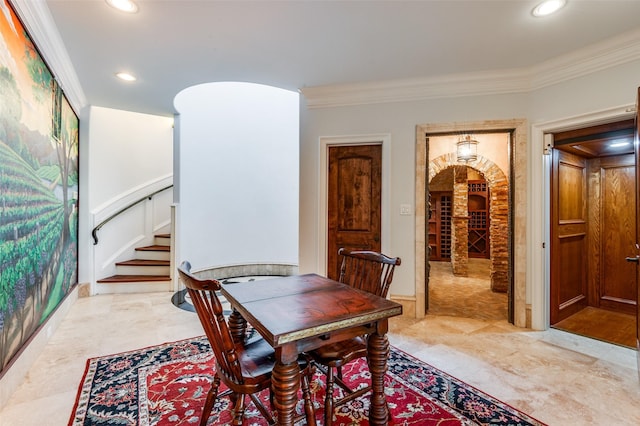 2145 Grand View Ct, Cedar Hill, TX 75104 - dining space featuring stairway, ornamental molding, and recessed lighting