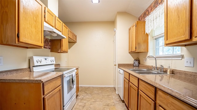 906 Pear Ct, Joshua, TX 76058 - kitchen with white appliances, under cabinet range hood, a sink, and light countertops