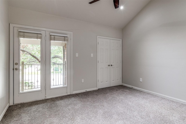 3719 Douglas Ave, Dallas, TX 75219 - unfurnished bedroom with carpet, access to outside, multiple windows, lofted ceiling, and ceiling fan