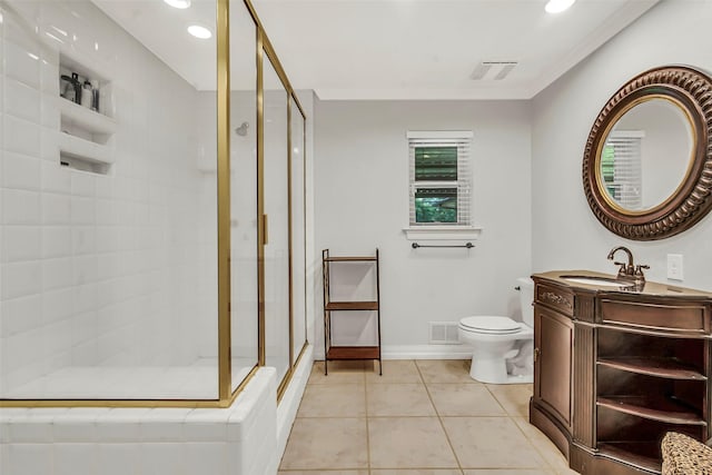 11406 Drummond Dr, Dallas, TX 75228 - bathroom featuring a stall shower, vanity, toilet, tile patterned floors, and recessed lighting