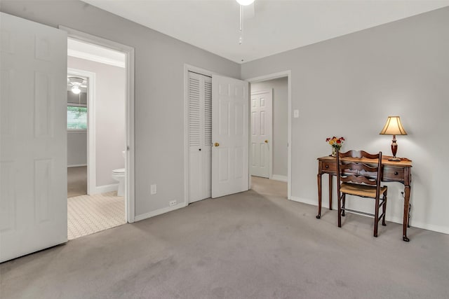 11406 Drummond Dr, Dallas, TX 75228 - carpeted bedroom with baseboards, ensuite bathroom, a closet, and a ceiling fan