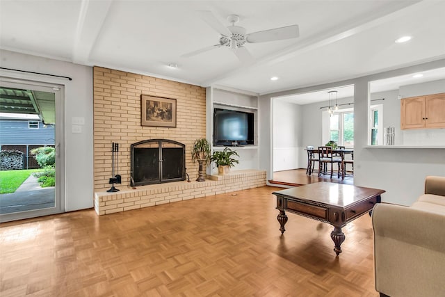 11406 Drummond Dr, Dallas, TX 75228 - living room featuring a ceiling fan, a brick fireplace, recessed lighting, and beam ceiling